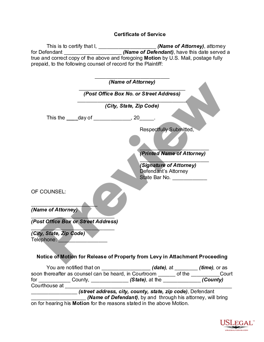 Motion To Release Attached Property With Right Of Survivorship Us Legal Forms 6884