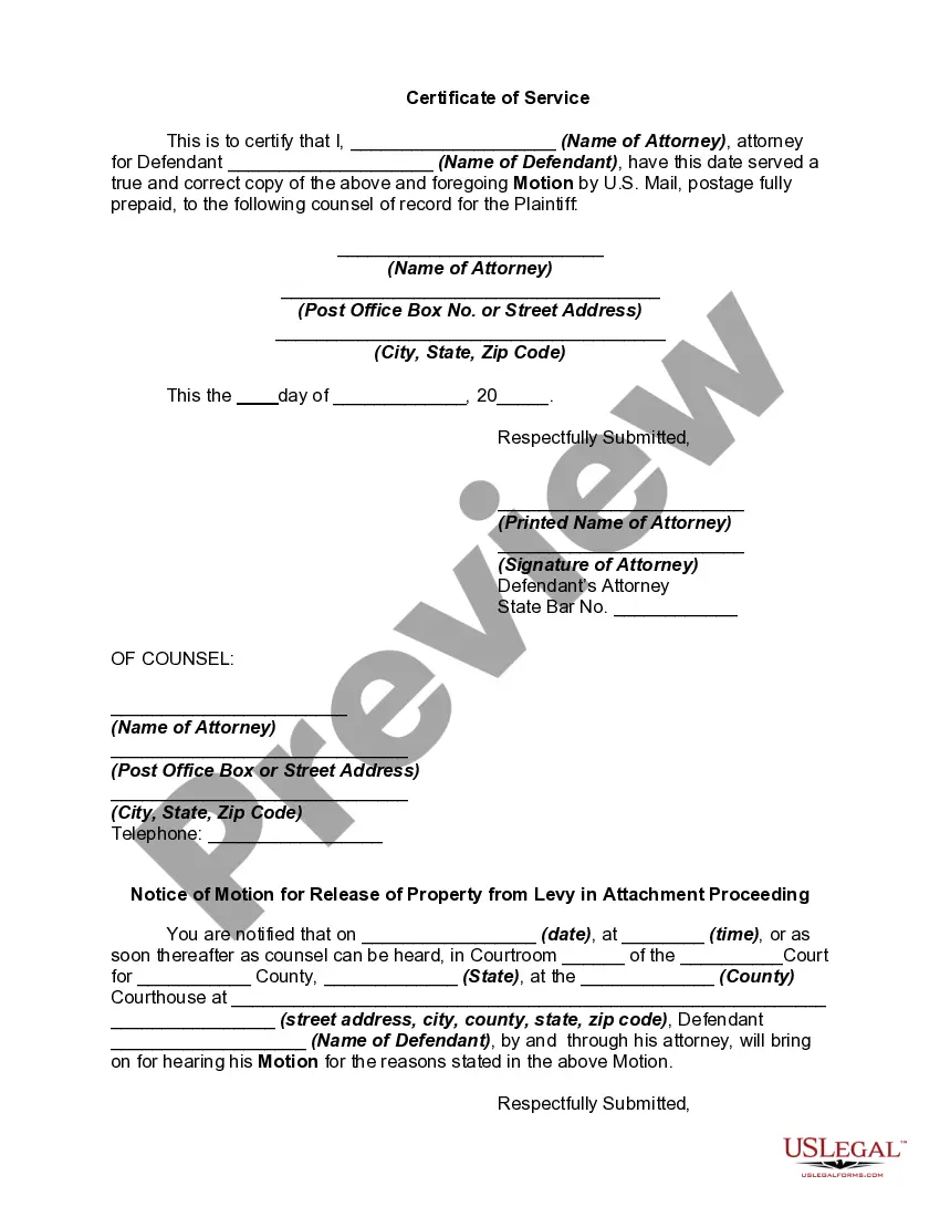 Get Motion for Release of Property from Levy in Attachment Proceeding Due to Excess Amount Attached Preview Motion for Release of Property from Levy in Attachment Proceeding Due to Excess Amount Attached