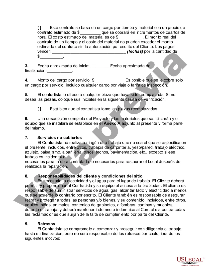 Preview Acuerdo para Servicio y Reparación de Equipos de Calefacción, Ventilación, Aire Acondicionado y/o para hacer Reparación y Servicio de Cocina