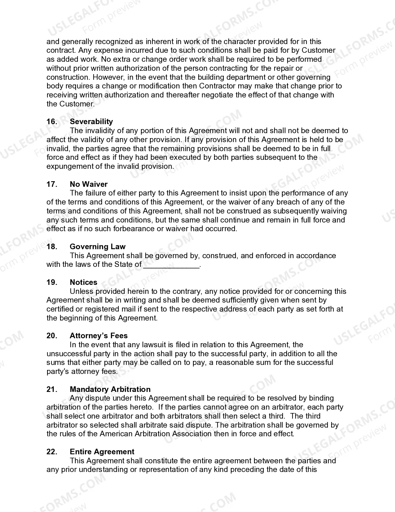Preview Agreement to Service and Repair Heating, Ventilation, Air Conditioning Equipment and/or to do Kitchen Repair and Service