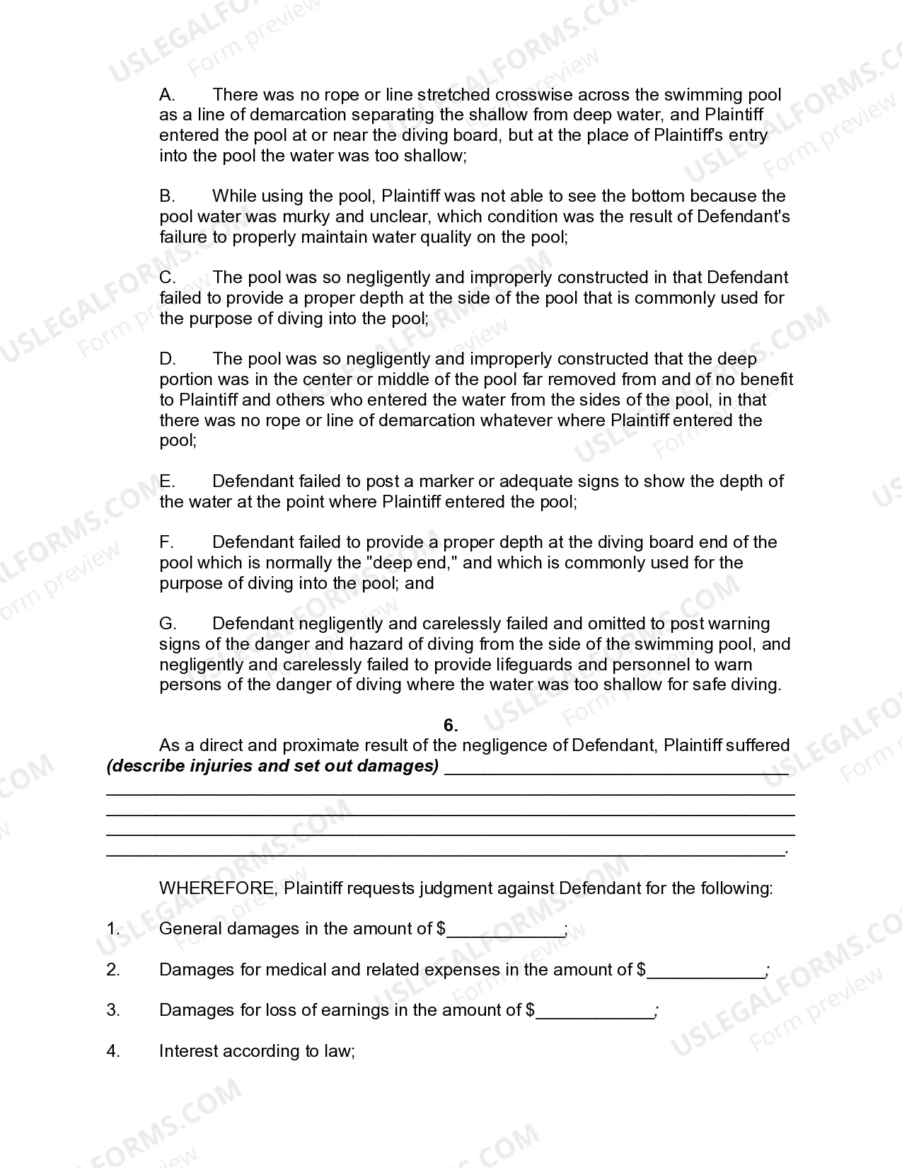 Preview Complaint by Patron of Public Swimming Pool Injured while Diving due to Improperly Marked Depth Signs - Personal Sports Injury