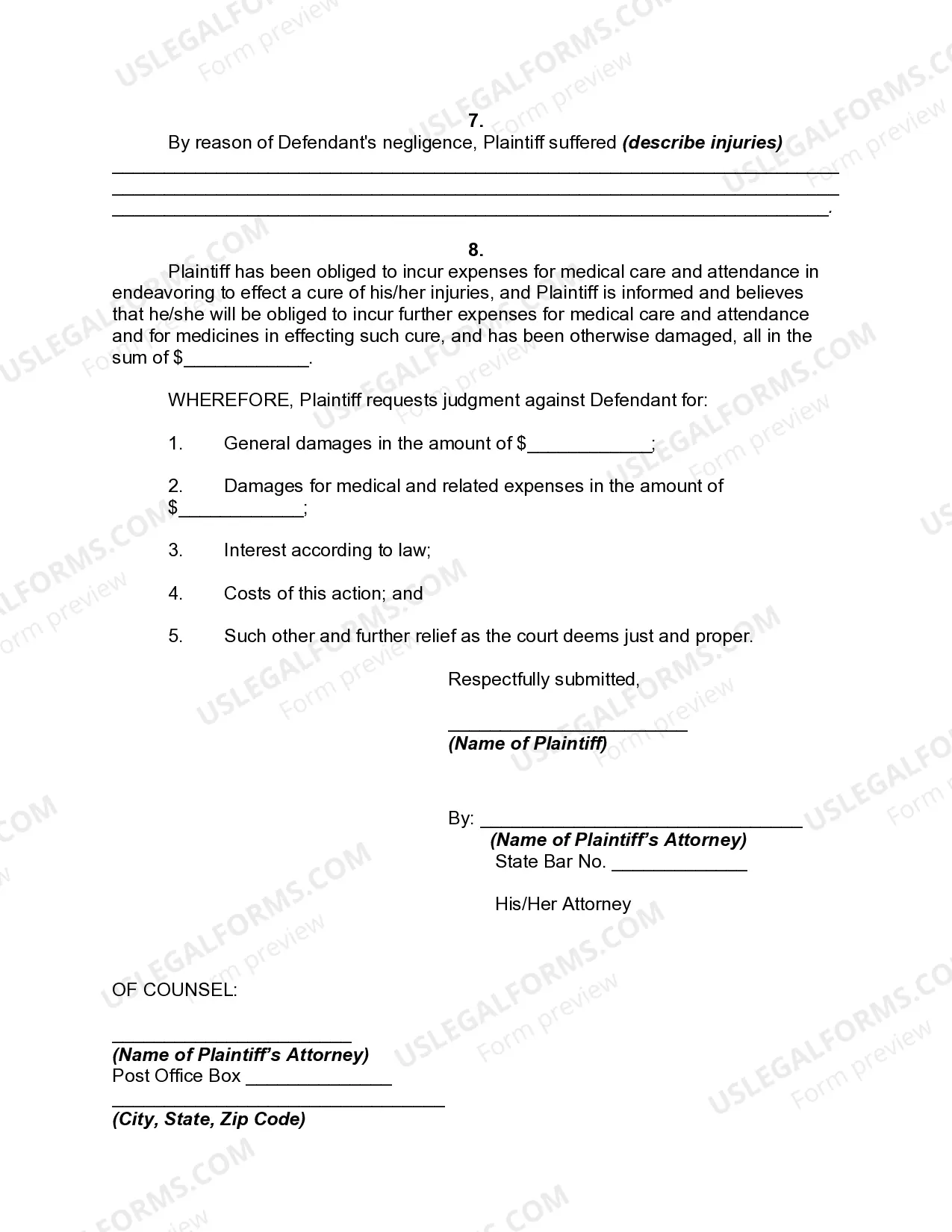 Preview Complaint Against Skating Instructor for Inattentiveness which Resulted in Fall on Ice by Student - Personal Sports Injury