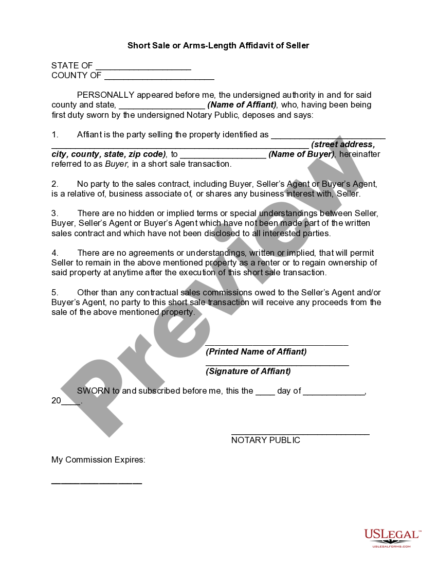 Short Sale or Arms Length Affidavit Arms Length Transaction US