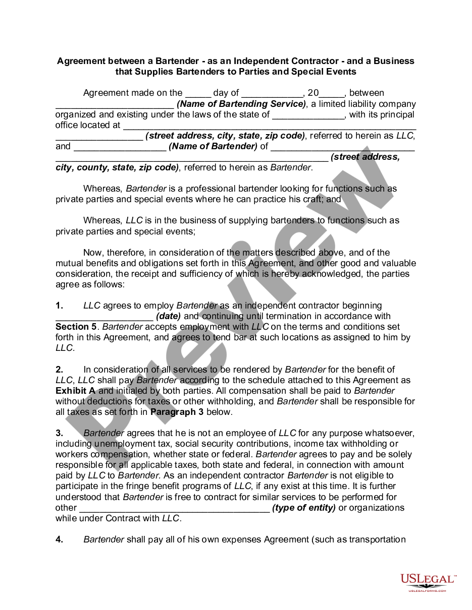 page 0 Agreement Between a Bartender - as an Independent Contractor - and a Business that Supplies Bartenders to Parties and Special Events preview