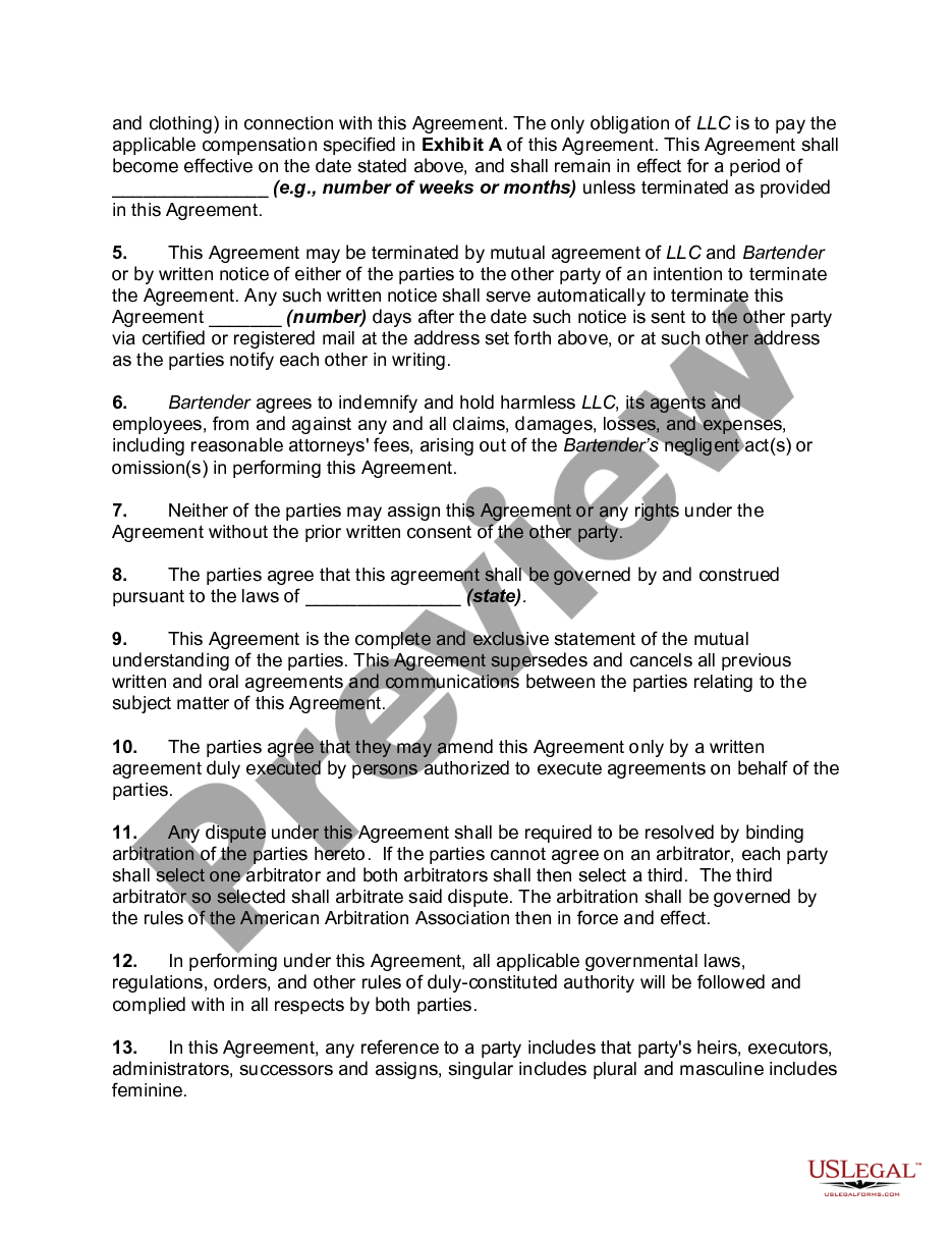 page 1 Agreement Between a Bartender - as an Independent Contractor - and a Business that Supplies Bartenders to Parties and Special Events preview