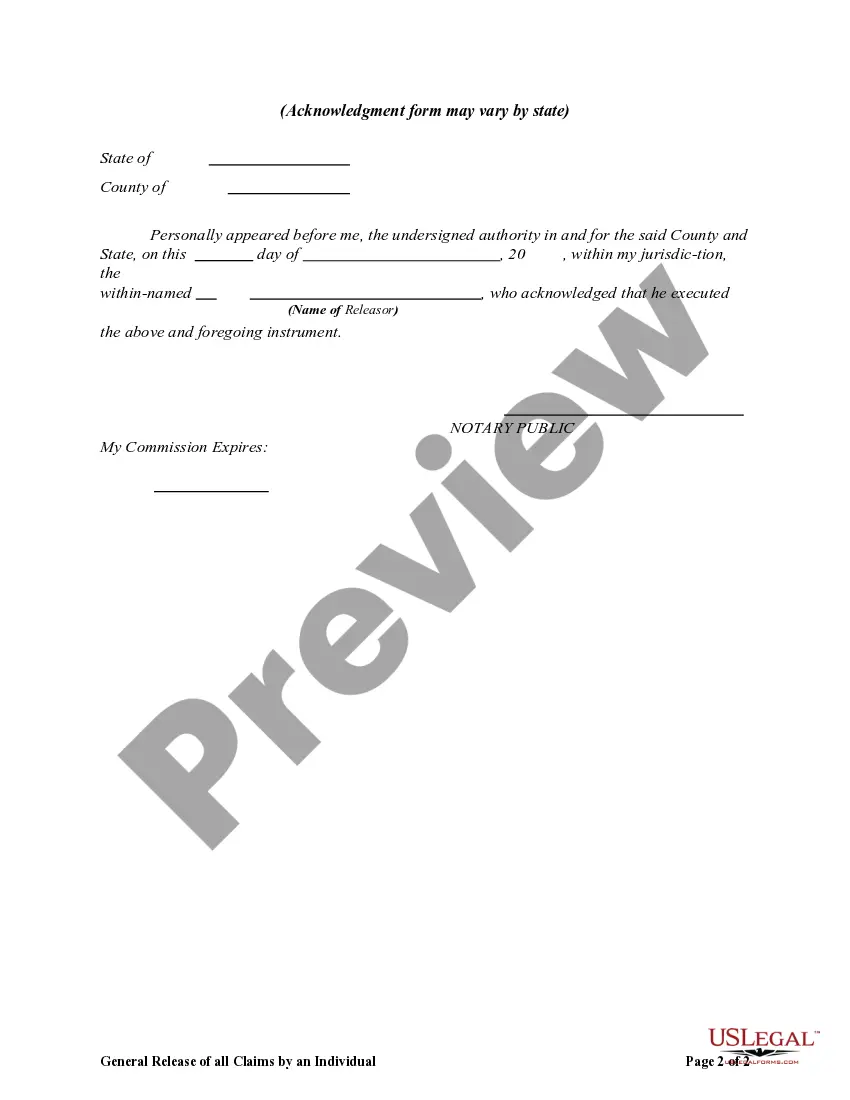Get General Release of all Claims by an Individual Preview General Release of all Claims by an Individual