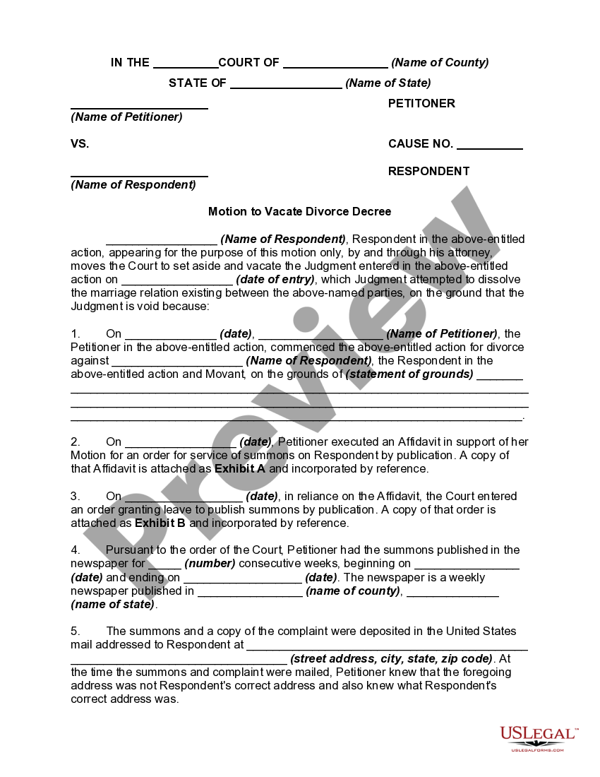 Vacate Divorce Decree With Joint Custody US Legal Forms