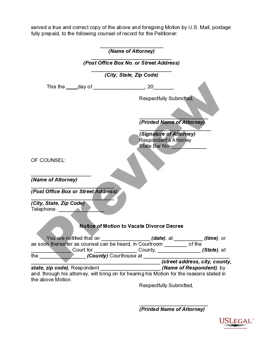 Get Motion to Vacate or Nullify Divorce Decree Obtained by Fraud as a Result of Failing to Serve Respondent at Known Address Preview Motion to Vacate or Nullify Divorce Decree Obtained by Fraud as a Result of Failing to Serve Respondent at Known Address