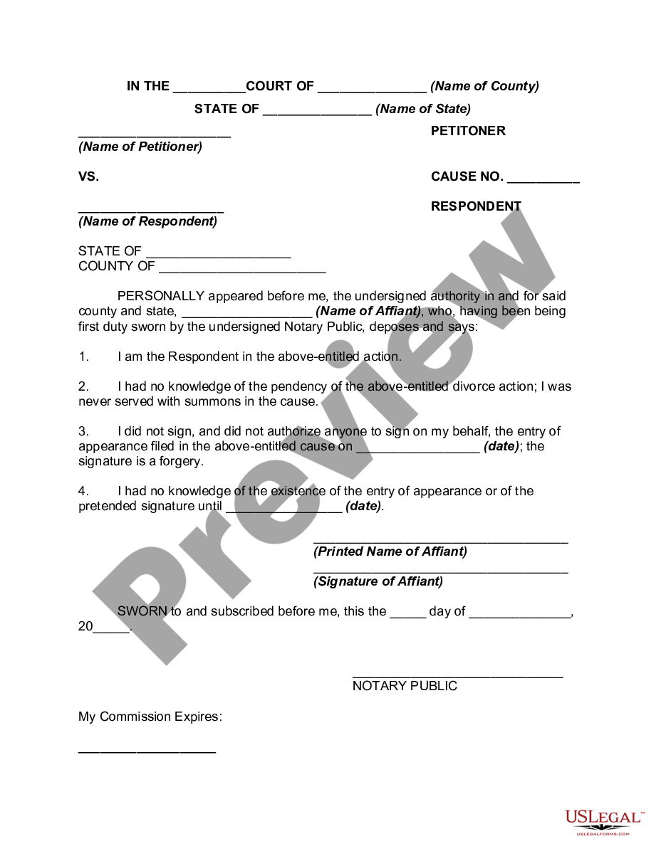 form Affidavit By Respondent in Support of Motion to Vacate Divorce Decree on Grounds of Fraud due to Forgery of Signature as to Appearance preview