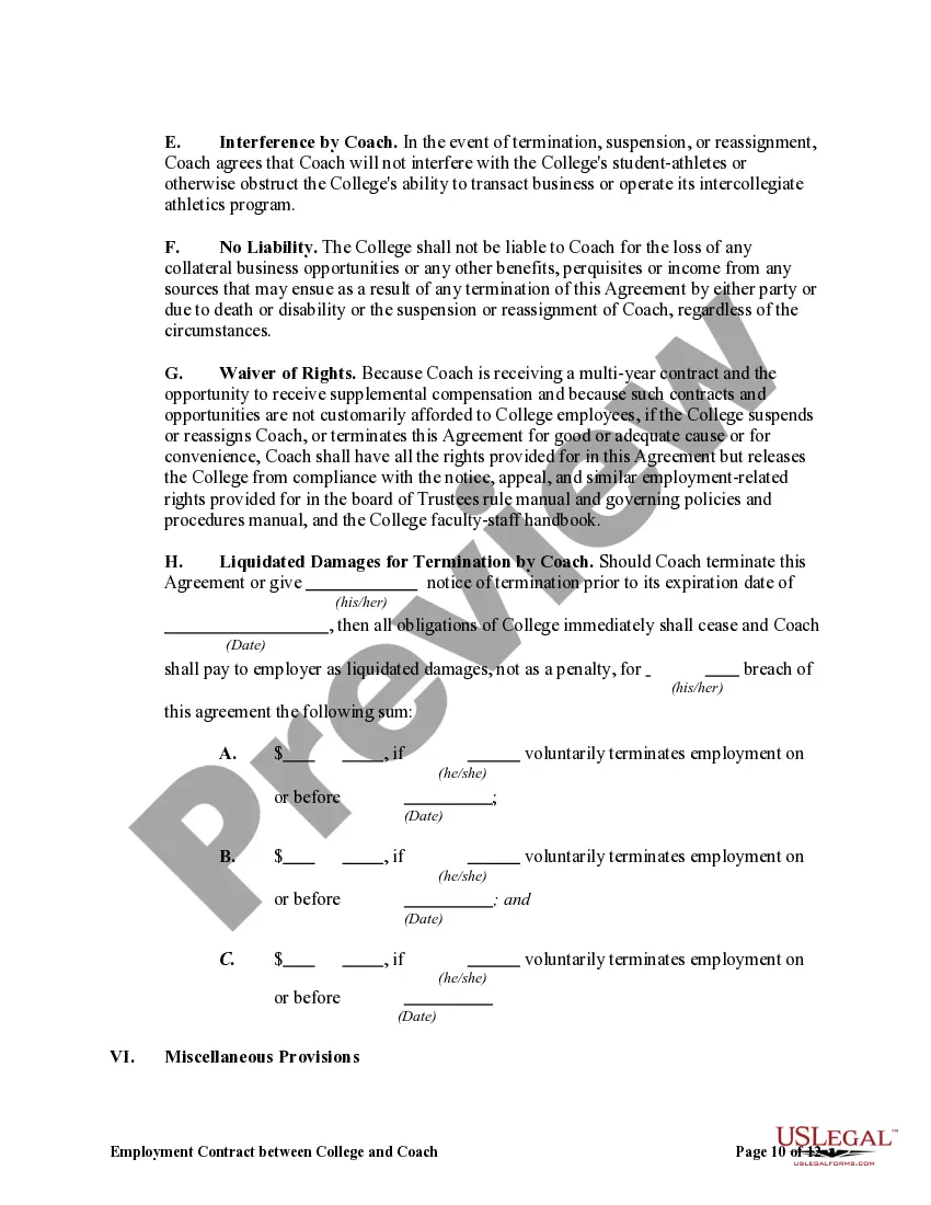 Preview Employment Contract Between College and Coach of College Sports Team with Liquidated Damages for Termination by Coach