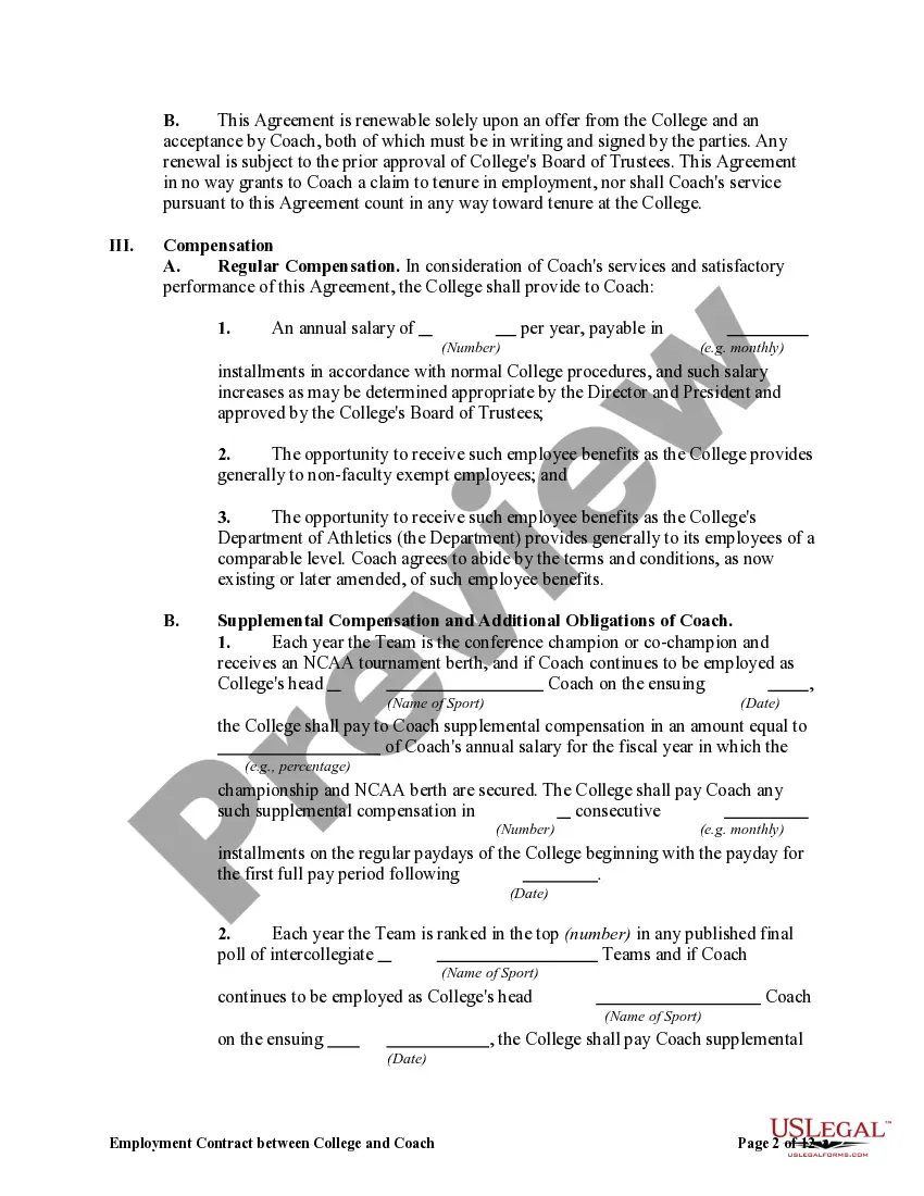 Preview Employment Contract Between College and Coach of College Sports Team with Liquidated Damages for Termination by Coach