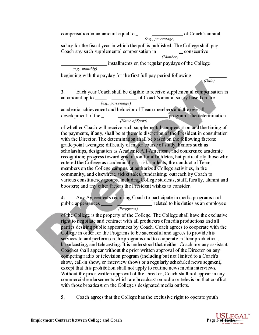 Preview Employment Contract Between College and Coach of College Sports Team with Liquidated Damages for Termination by Coach