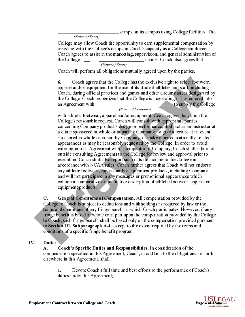 Preview Employment Contract Between College and Coach of College Sports Team with Liquidated Damages for Termination by Coach