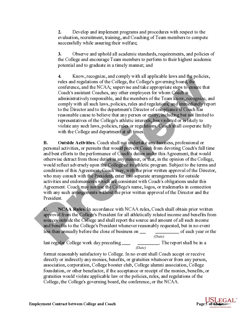 Preview Employment Contract Between College and Coach of College Sports Team with Liquidated Damages for Termination by Coach