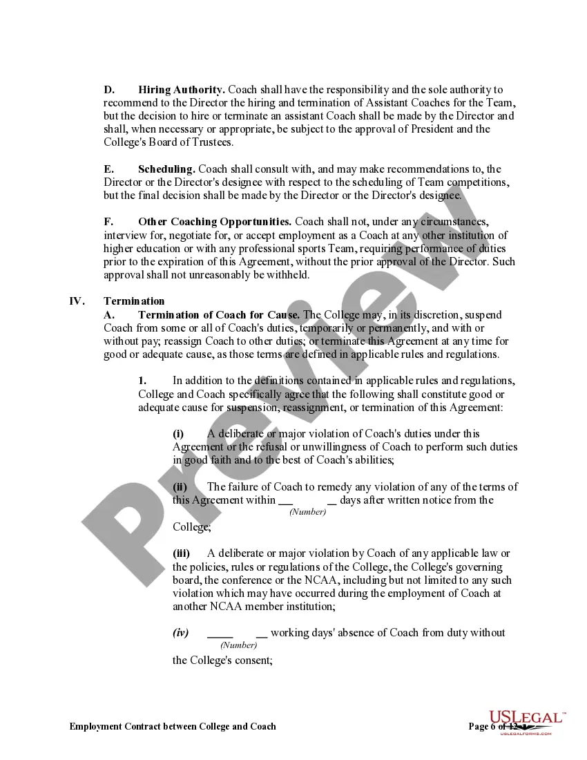 Preview Employment Contract Between College and Coach of College Sports Team with Liquidated Damages for Termination by Coach
