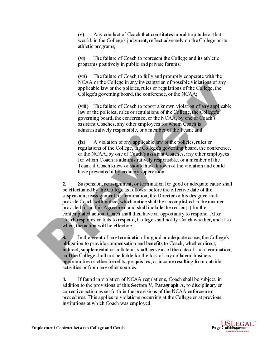 Preview Employment Contract Between College and Coach of College Sports Team with Liquidated Damages for Termination by Coach
