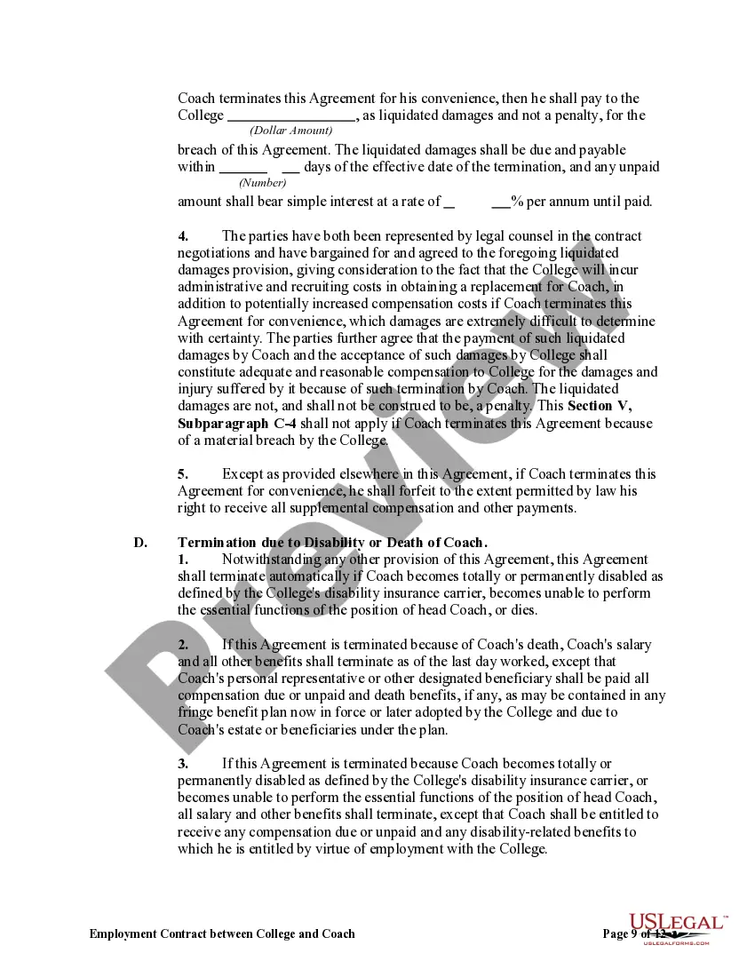 Preview Employment Contract Between College and Coach of College Sports Team with Liquidated Damages for Termination by Coach