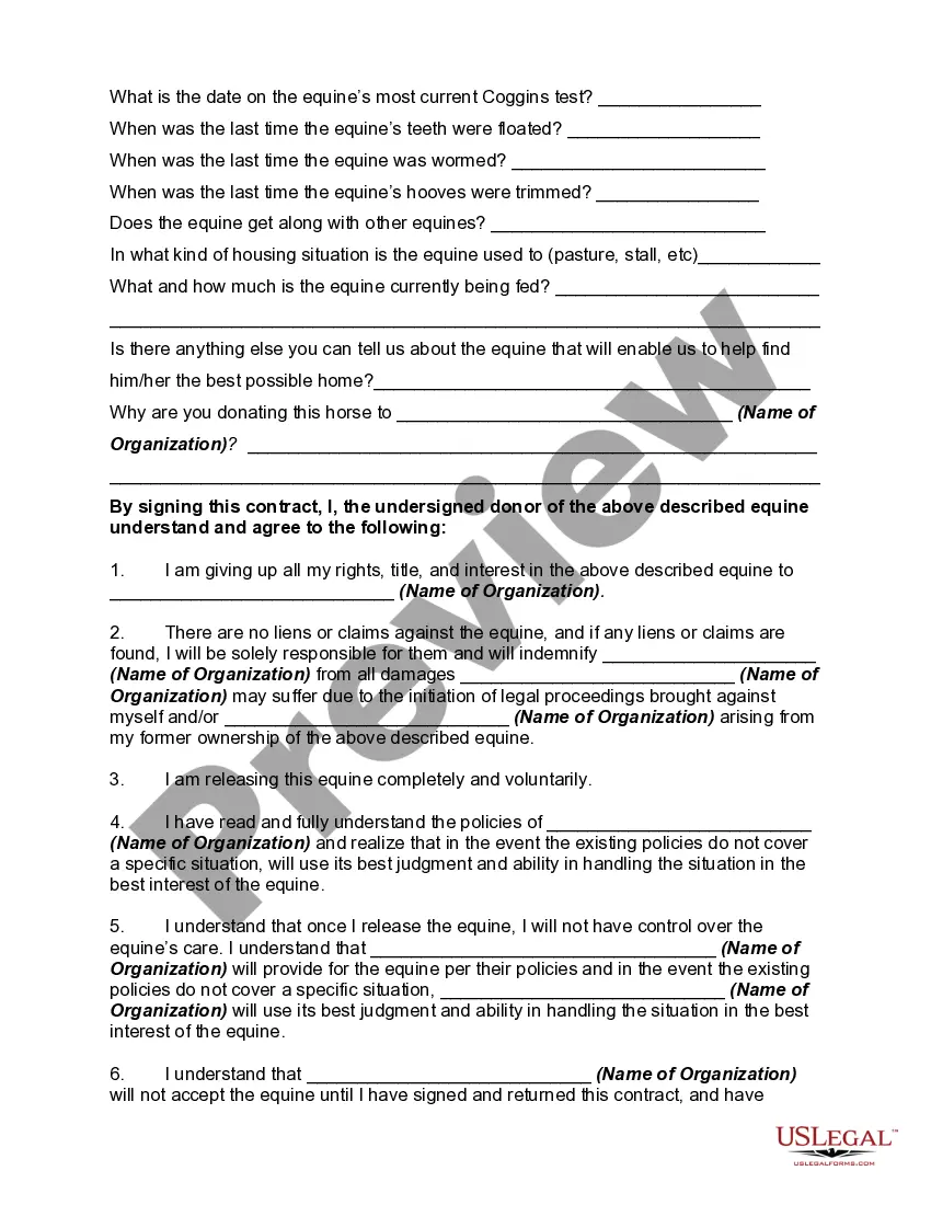 Preview Equine or Horse Donation Contract