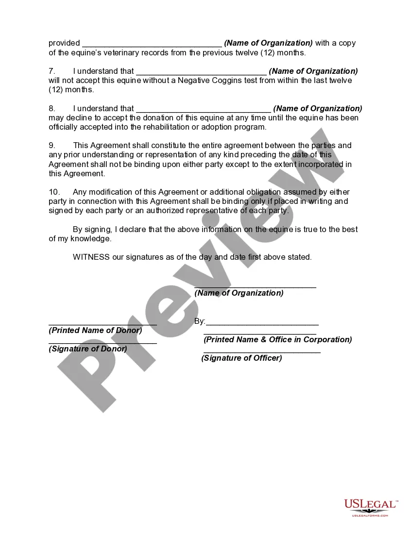 Preview Equine or Horse Donation Contract