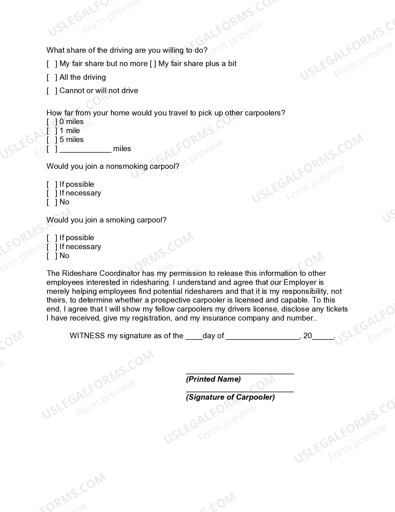Idaho Carpool Application and Agreement Ride Sharing Carpool