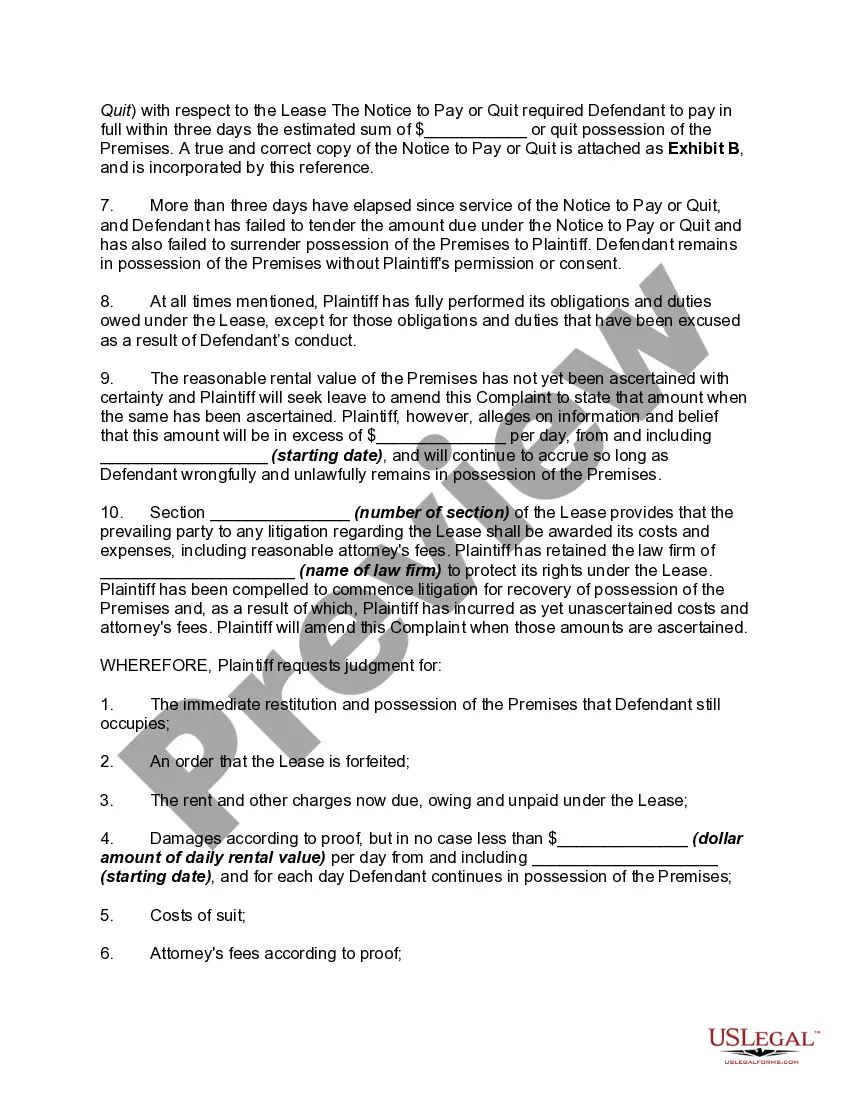 Preview Complaint for Unlawful Detainer by Commercial Tenants to Recover Possession, Past-Due Rent, Rental Value of Premises, and Attorney's Fees and Costs -