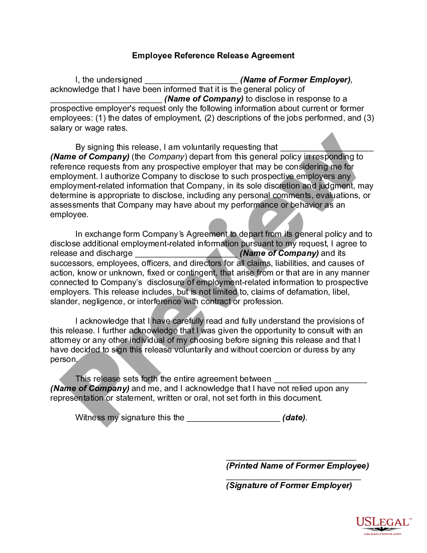 Pennsylvania Employee Reference Release Agreement Employee Reference Us Legal Forms