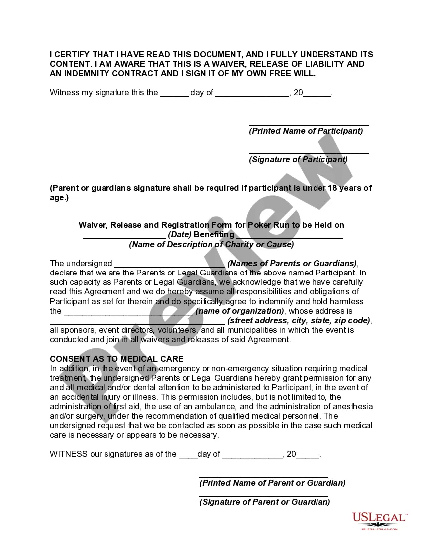 Get Waiver, Release and Registration Form for Poker Run Benefiting Charity or Cause Preview Waiver, Release and Registration Form for Poker Run Benefiting Charity or Cause