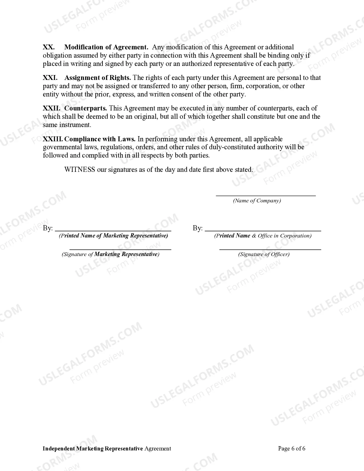 Preview Independent Marketing Representative Agreement