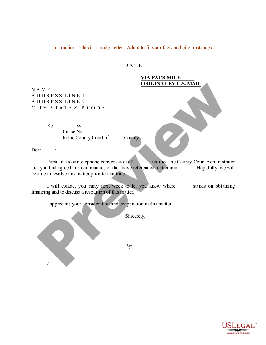 Sample Letter for Continuance Letter Of Continuance US Legal Forms