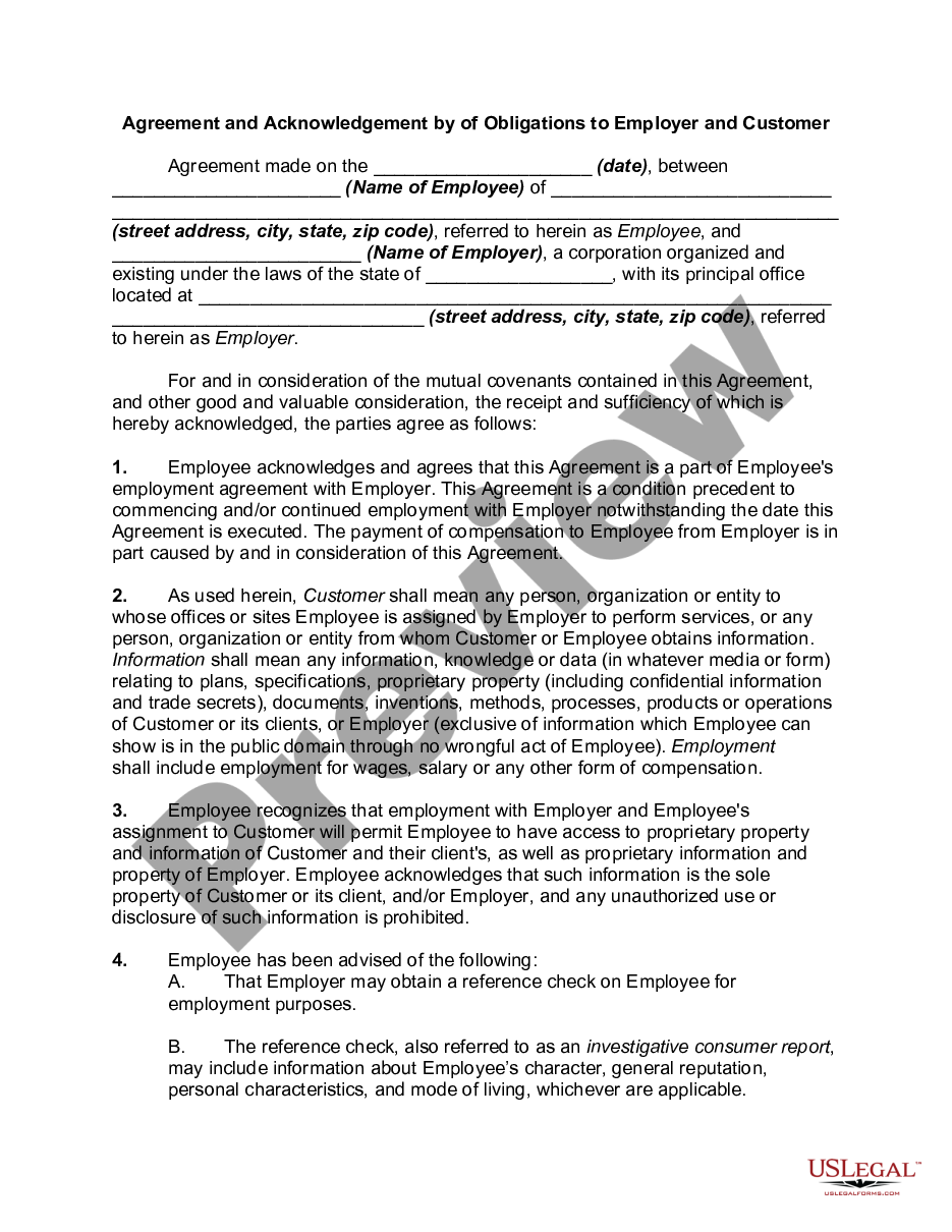 page 0 Agreement and Acknowledgment of Obligations to Employer and Customer preview