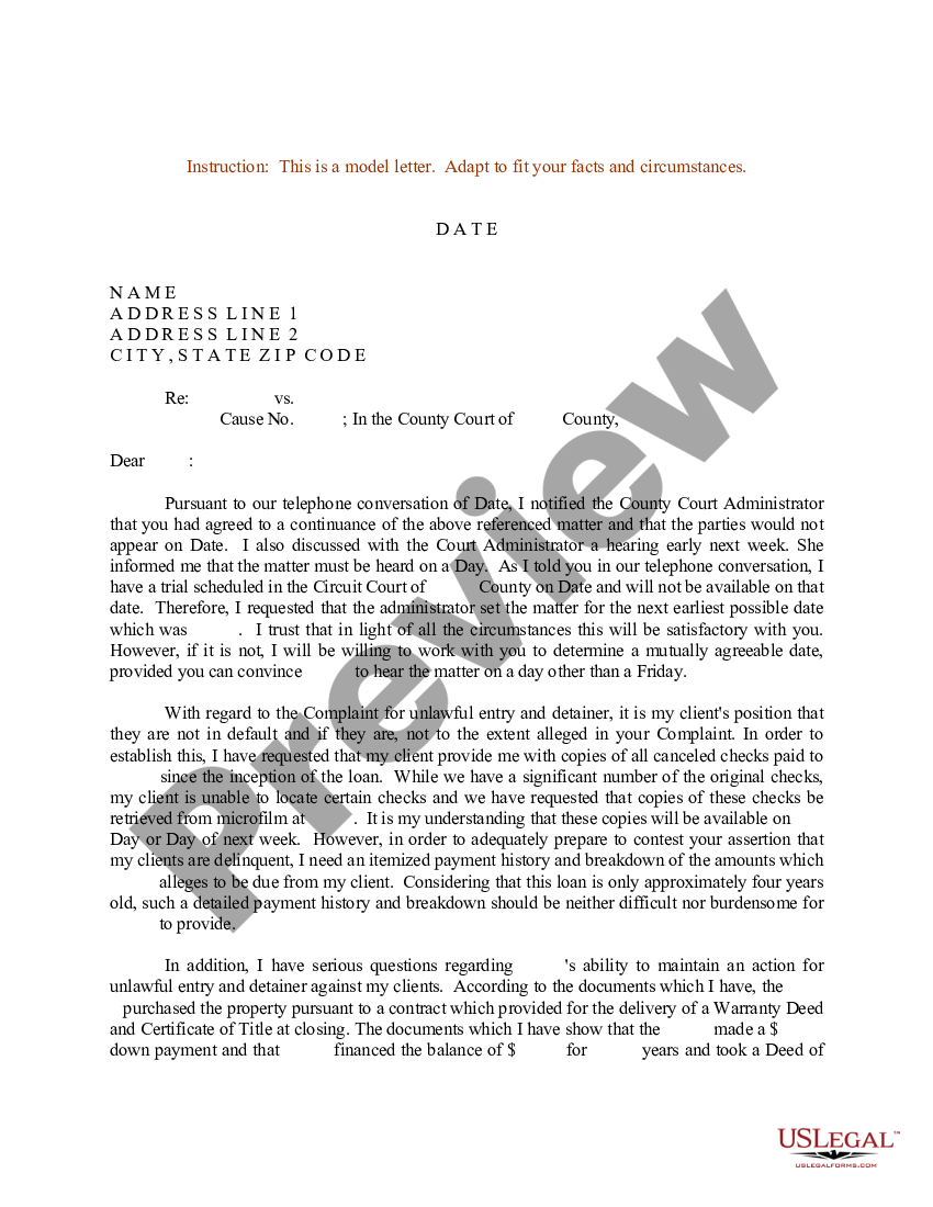 Suffolk New York Sample Letter for Continuance Request for Earliest