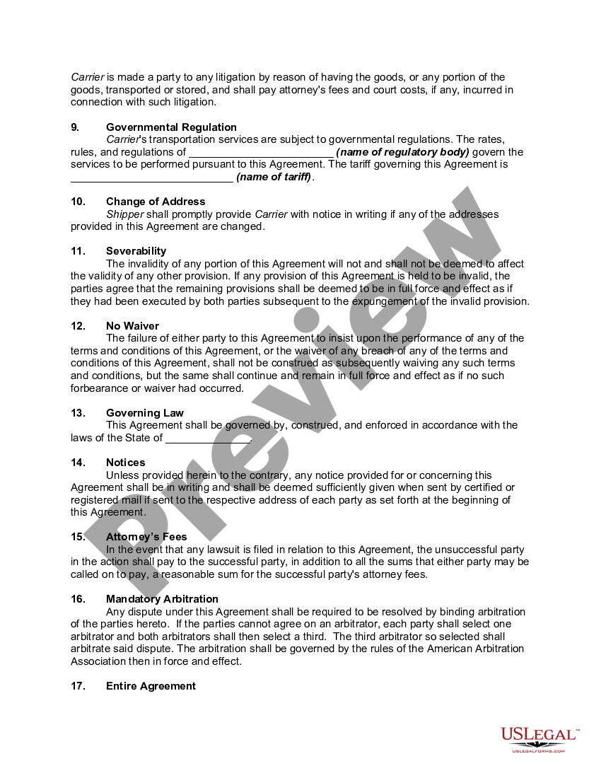 Missouri General Form Of Agreement Between Carrier And Shipper Broker 