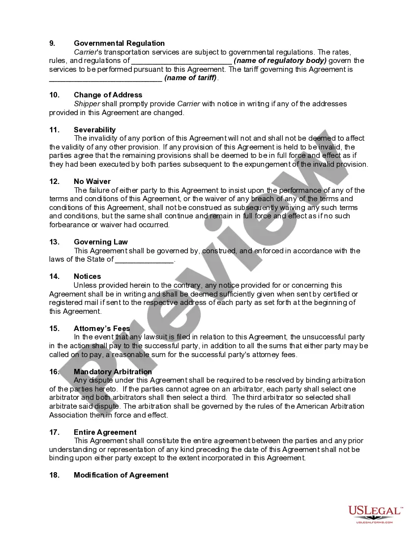 Get General Form of Agreement between Carrier and Shipper - Transportation Agreement Preview General Form of Agreement between Carrier and Shipper - Transportation Agreement