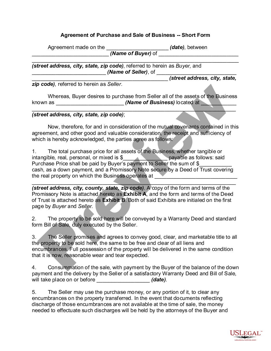 page 0 Agreement of Purchase and Sale of Business - Short Form preview