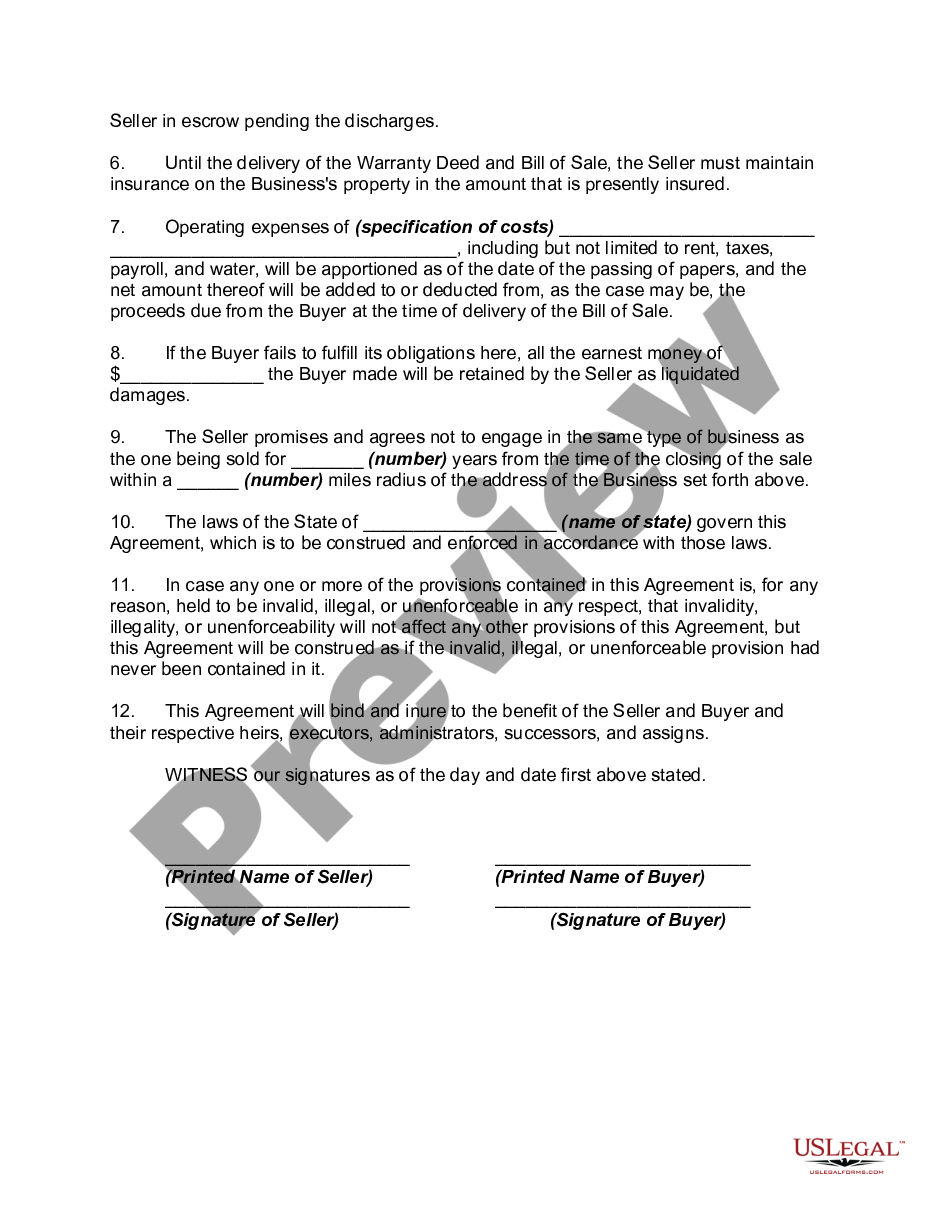 page 1 Agreement of Purchase and Sale of Business - Short Form preview
