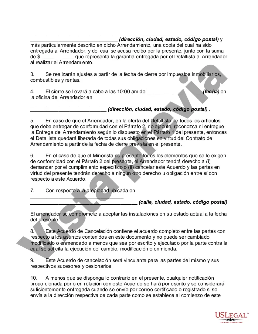 Preview Acuerdo para cancelar o rescindir el contrato de arrendamiento