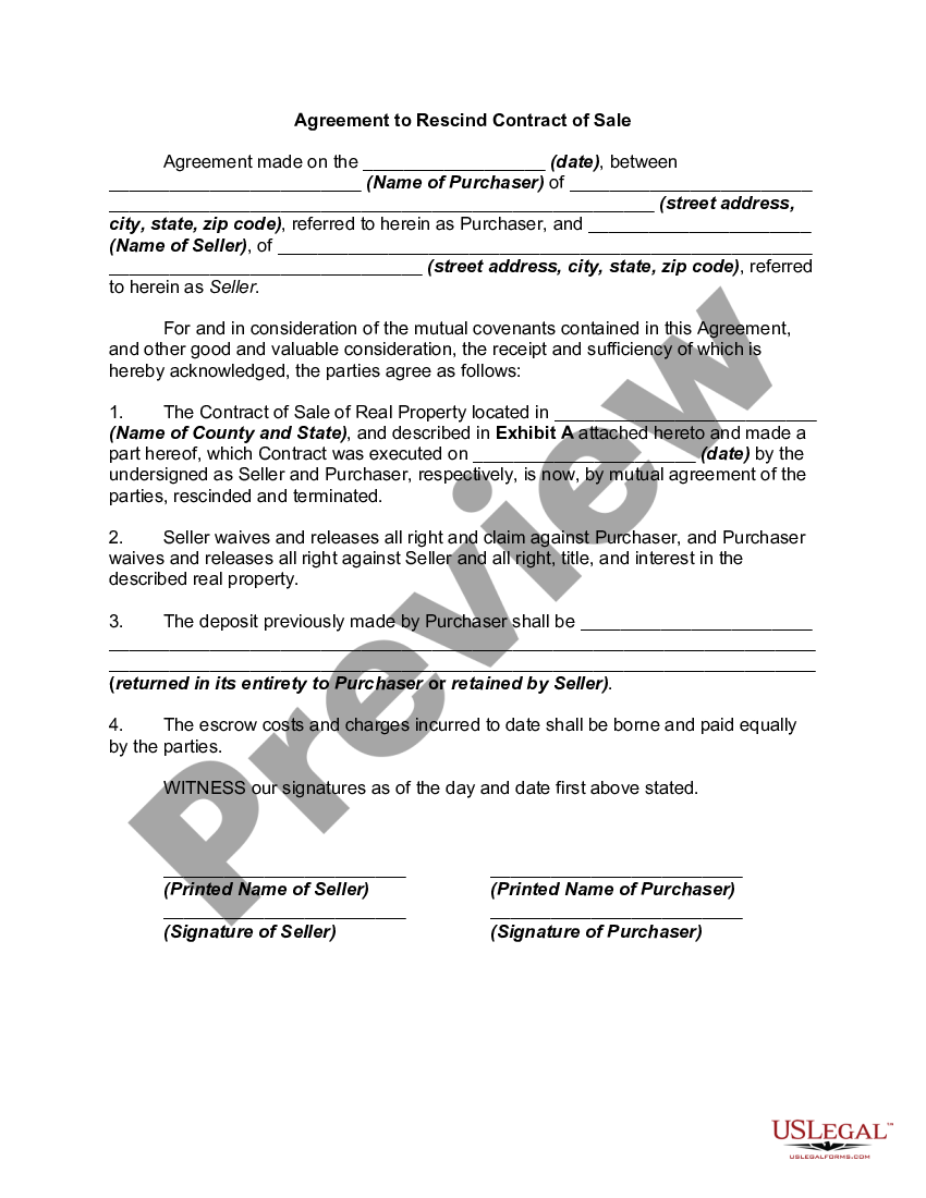 Arkansas Agreement to Rescind Contract of Sale - Rescind Contract | US ...