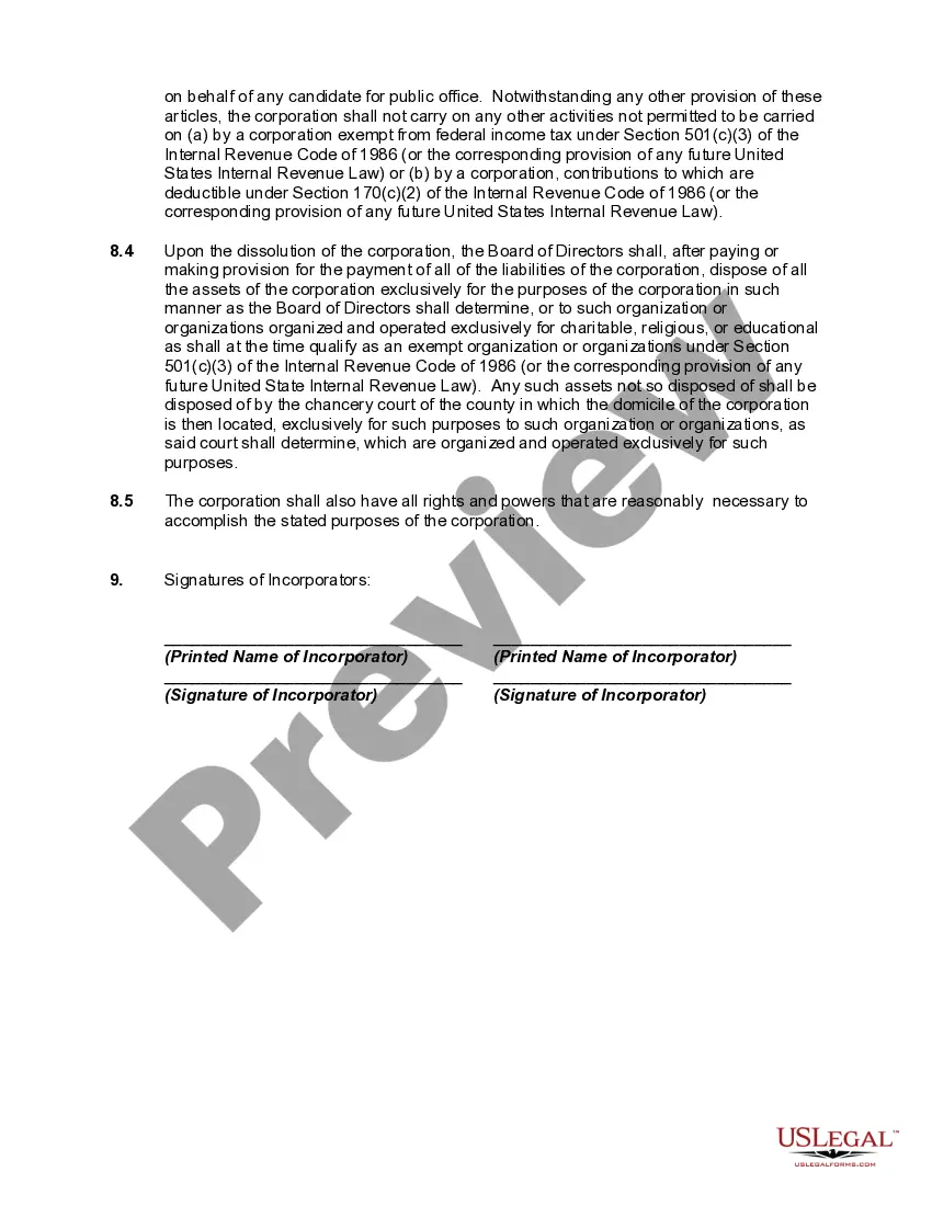 Get Articles of Incorporation, Not for Profit Organization, with Tax Provisions Preview Articles of Incorporation, Not for Profit Organization, with Tax Provisions