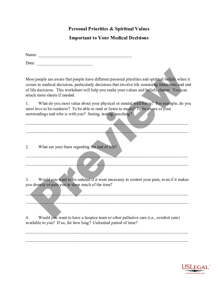 End Of Life Values Worksheet Us Legal Forms 1220