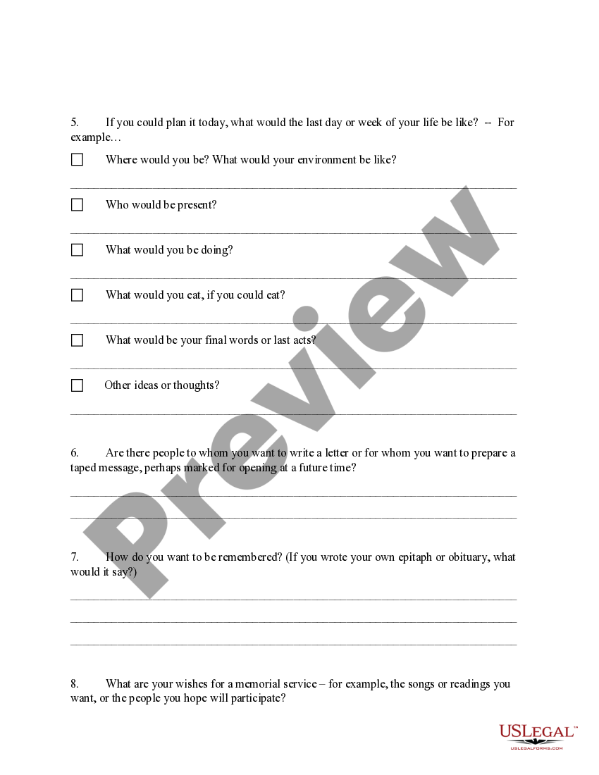End of Life Values Worksheet US Legal Forms