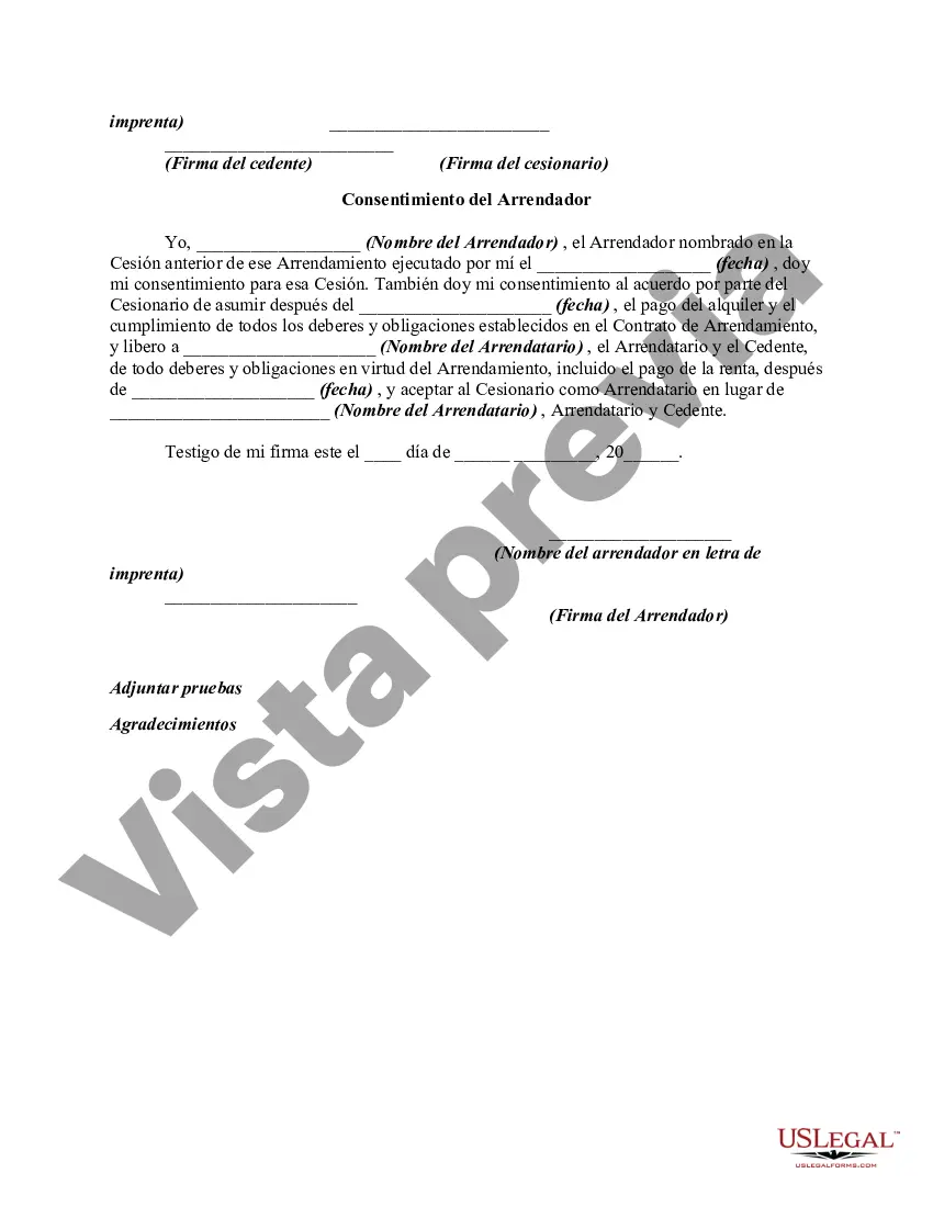 Preview Cesión de Arrendamiento por parte del Arrendatario con Consentimiento del Arrendador