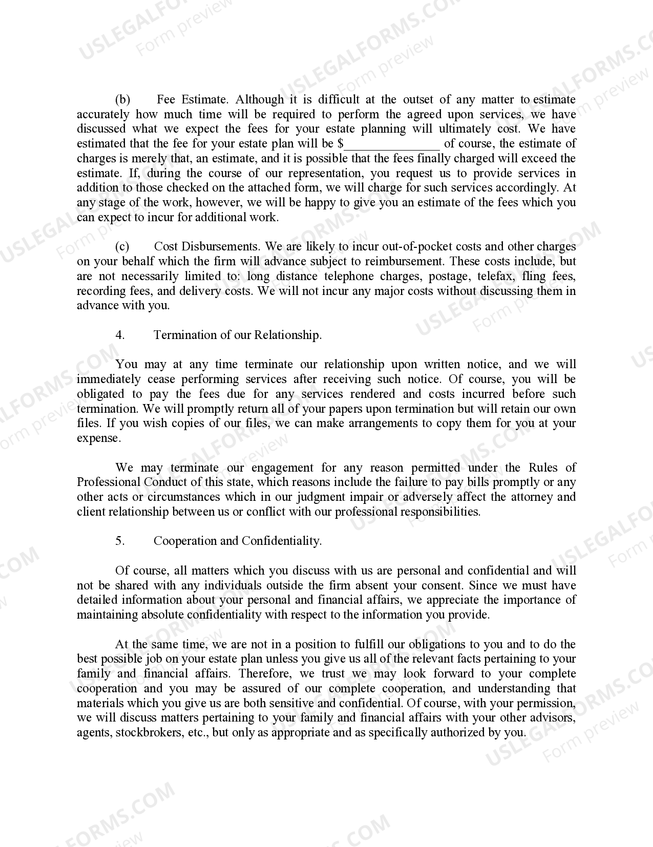 Estate Planning Data Letter and Employment Agreement with Client US