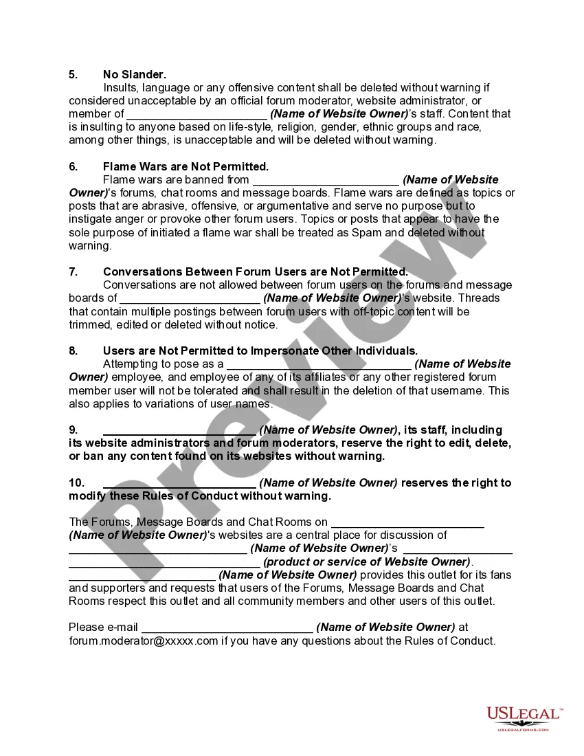 Preview Rules of Conduct for a Website with a User Forum or Chat Room