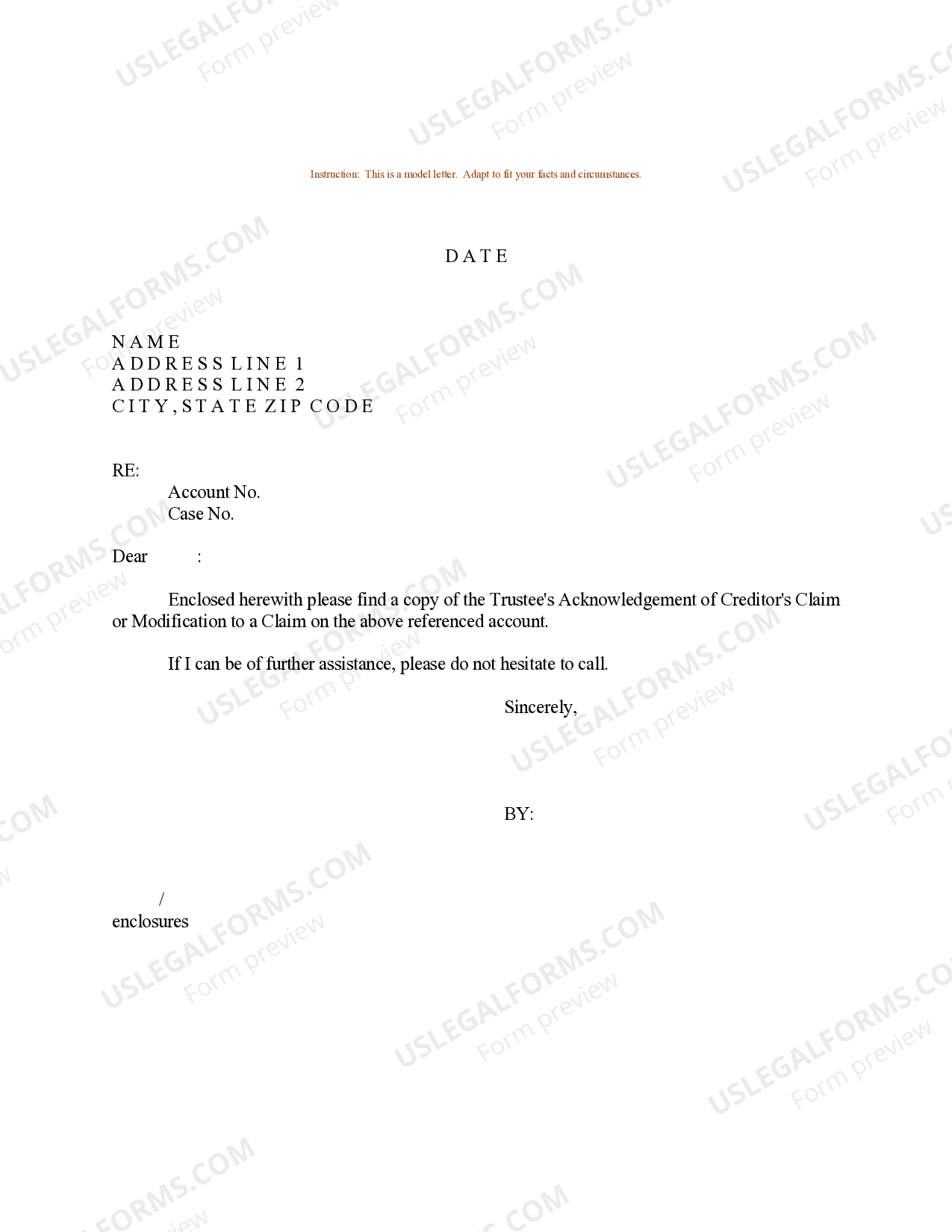 San Bernardino California Sample Letter for Trustee's Acknowledgment