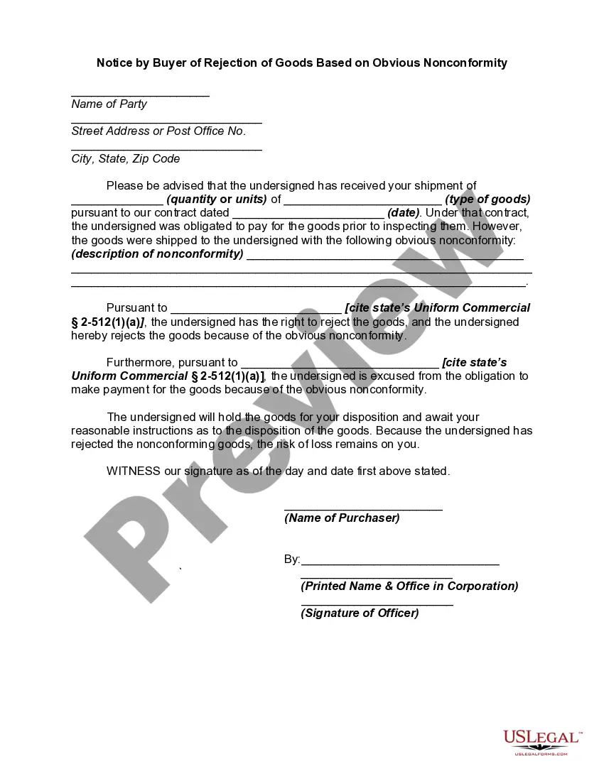 Get Notice by Buyer of Rejection of Goods Based on Obvious Nonconformity Preview Notice by Buyer of Rejection of Goods Based on Obvious Nonconformity