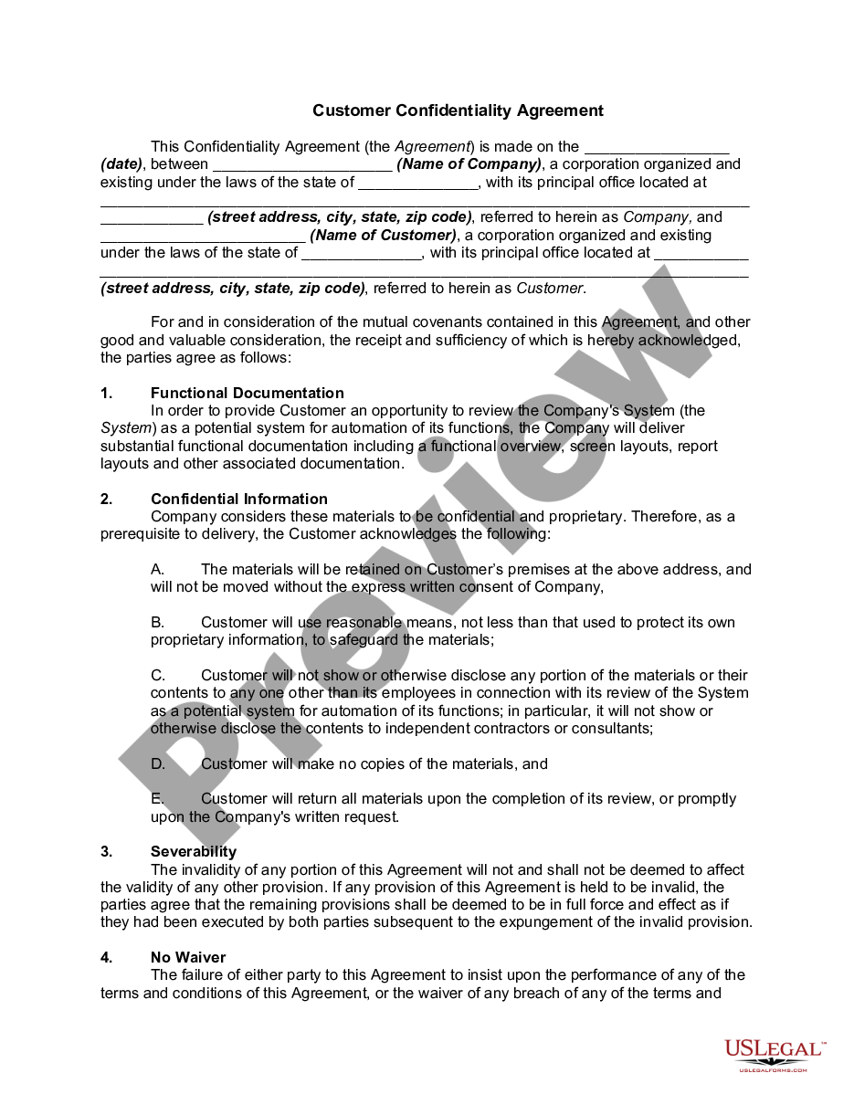 page 0 Customer Confidentiality Agreement preview