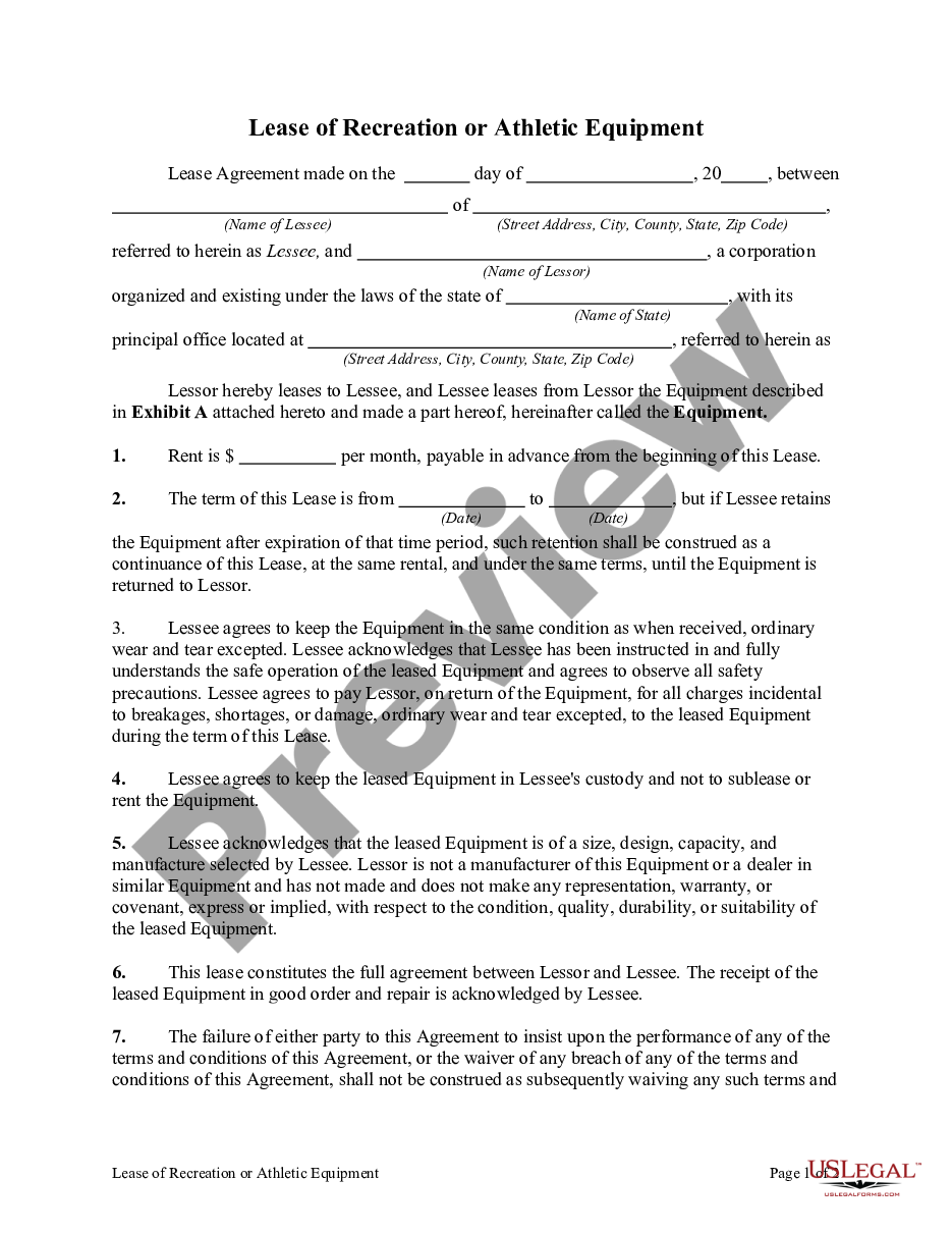 page 0 Lease of Recreation or Athletic Equipment preview