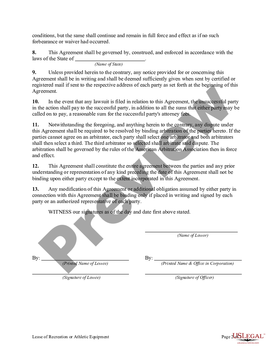 page 1 Lease of Recreation or Athletic Equipment preview