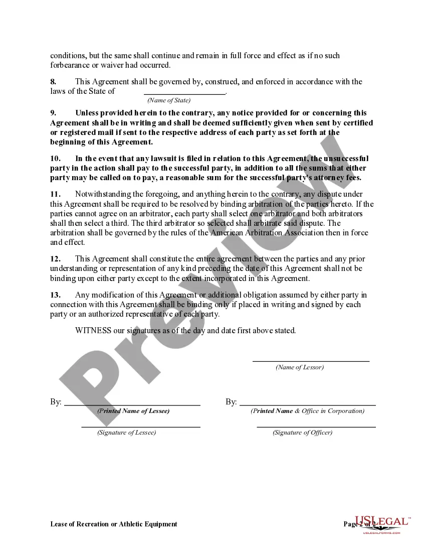 Preview Lease of Recreation or Athletic Equipment