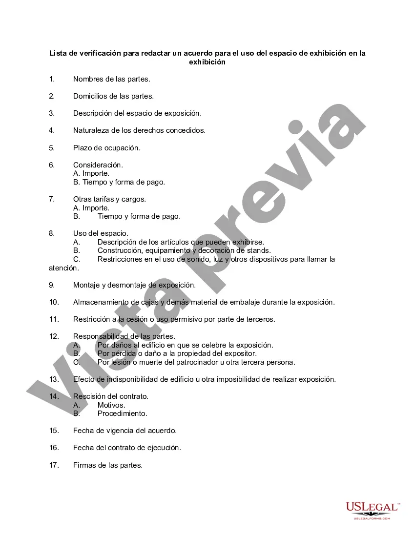 Get Lista de verificación para redactar un acuerdo para el uso del espacio de exhibición o el stand en la exhibición Preview Lista de verificación para redactar un acuerdo para el uso del espacio de exhibición o el stand en la exhibición